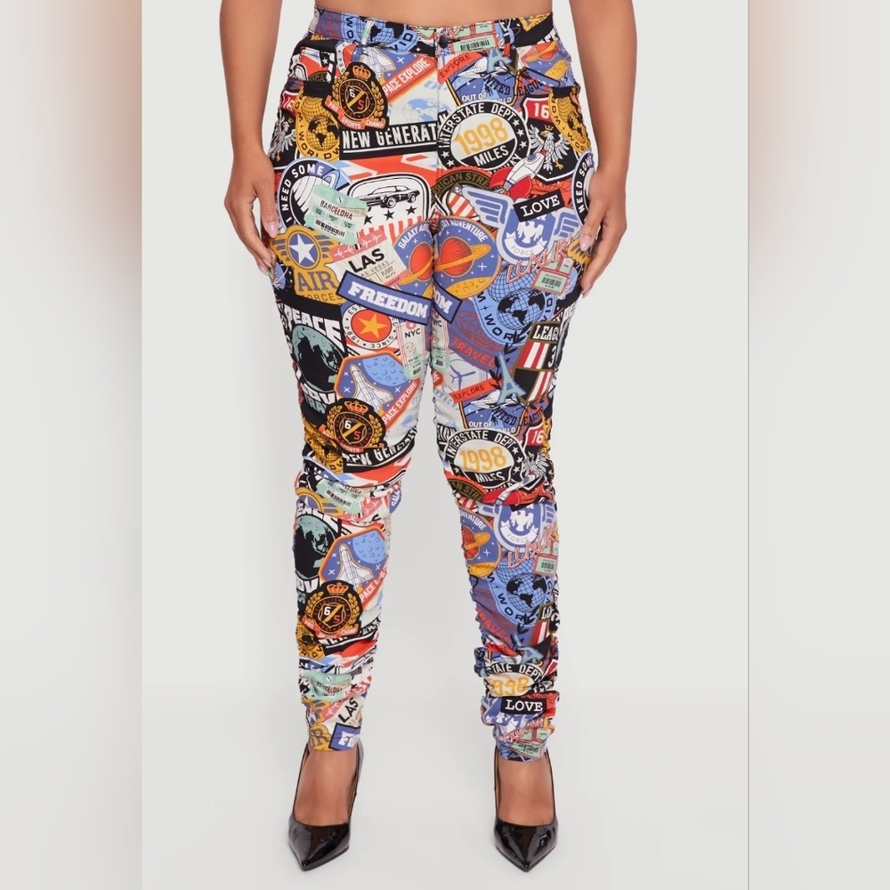 Plus Size High Waisted Side Ruched Patterned Pants - multi color Size 2X